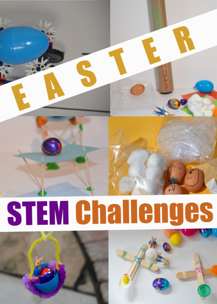 Collection of images from Easter STEM Challenges.These include catapulting eggs, dropping eggs down an egg chute, an egg zip wire and magnet powered egg cars.