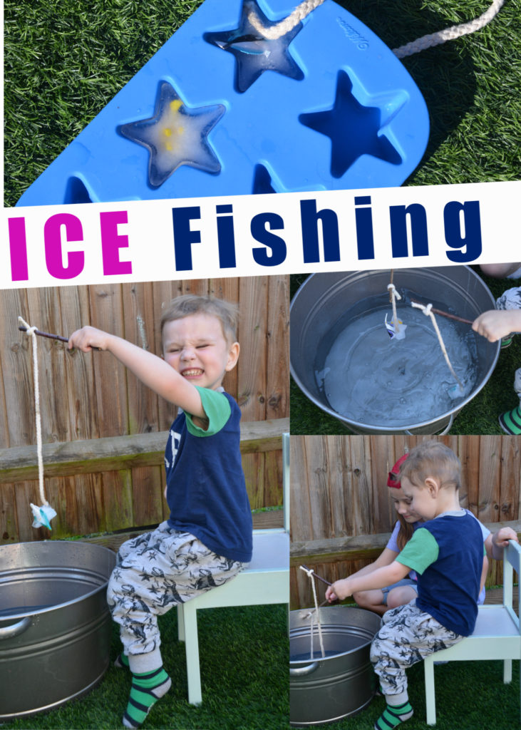 fun ice experiment for kids. Freeze small plastic fish in an ice cube container with string, attach to a stick and fish in warm and cold water #iceexperiments #scienceforkids #preschoolscienceexperiments