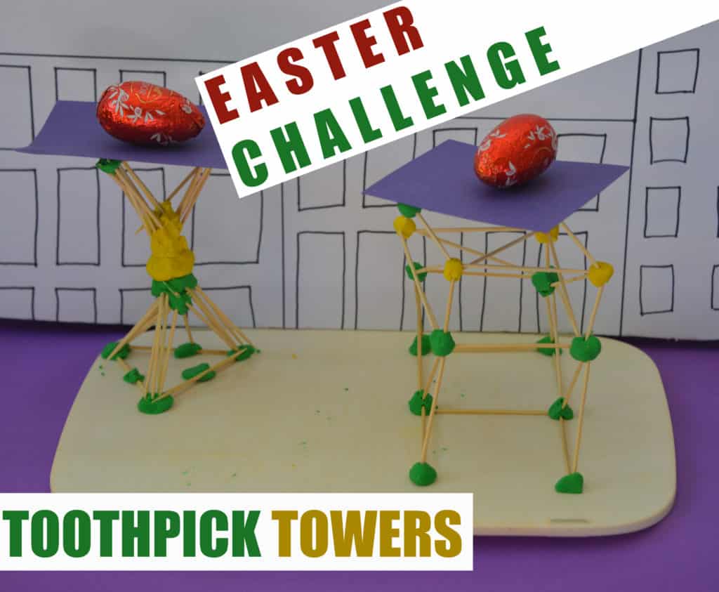 toothpick tower challenge to hold a small chocolate egg. Towers are made from toothpicks and play doh