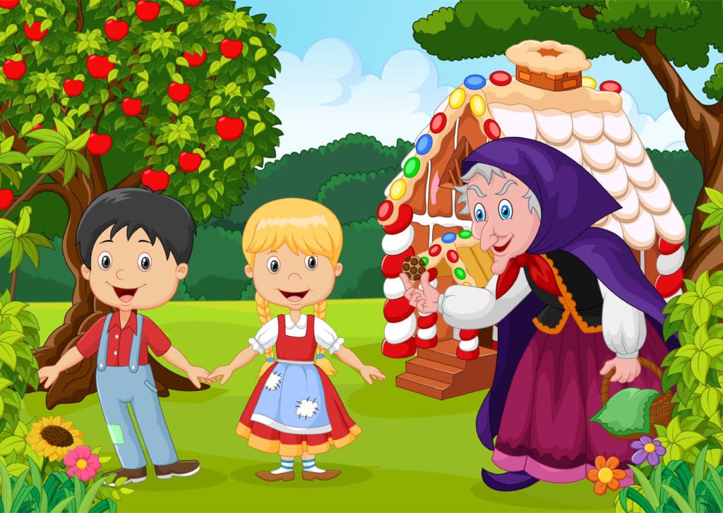 Hansel and Gretel cartoon  Image featuring the house made from sweets, two children and the witch
