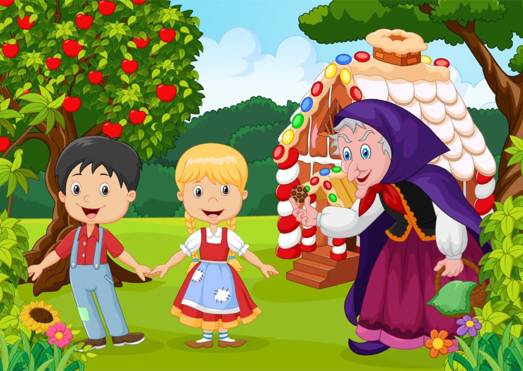 Hansel and Gretel cartoon Image featuring the house made from sweets, two children and the witch