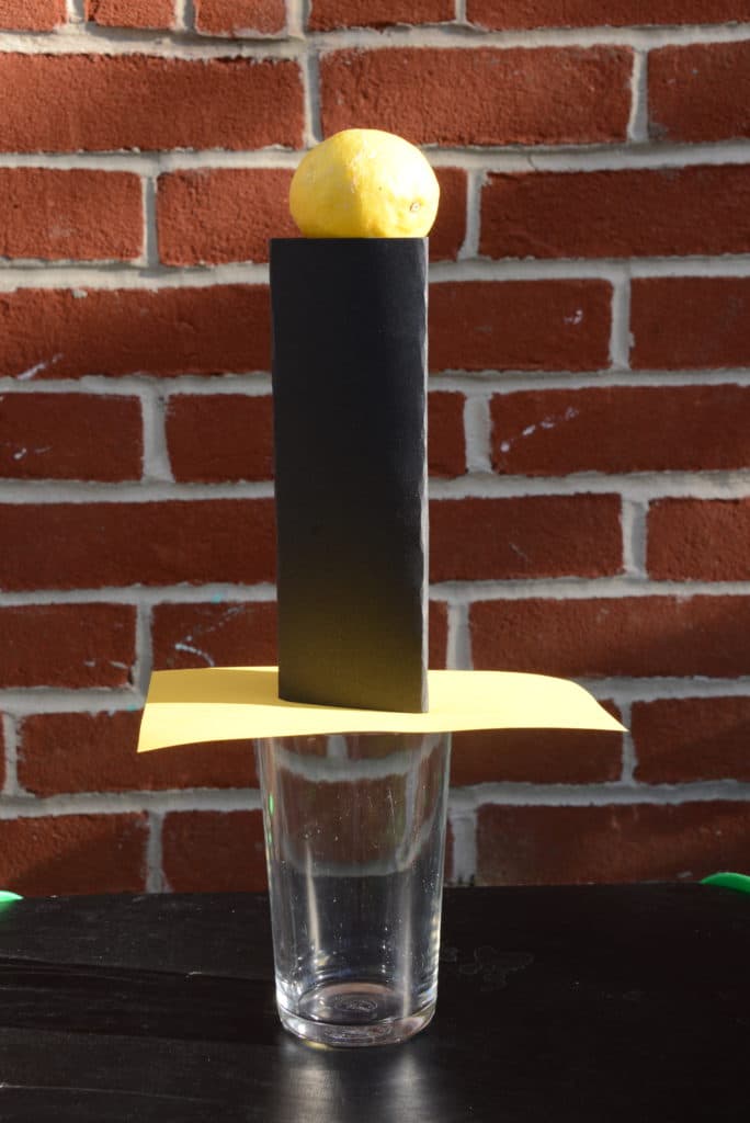 inertia experiment using a glass, card, a cylinder and a lemon