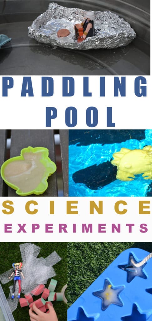 Fun paddling pool science experiments for kids - make and test boats, find out what happens to the water when you sit down and more outdoor water science experiments! #scienceforkids #paddlingpoolscience