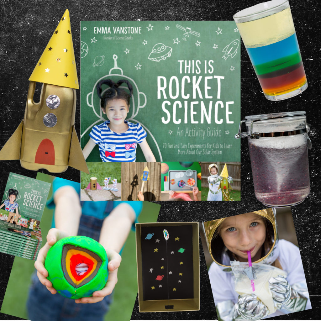 This IS Rocket Science - space science book for kids. Image shows the book cover, a strmm in a jar and a bottle rocket