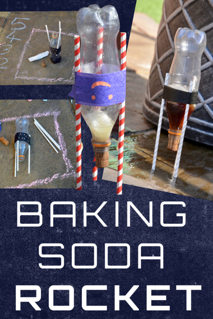 upside down plastic bottle with three straws attached and a cork in the bit you drink from. Baking soda and vinegar are added to make the rocket fly.