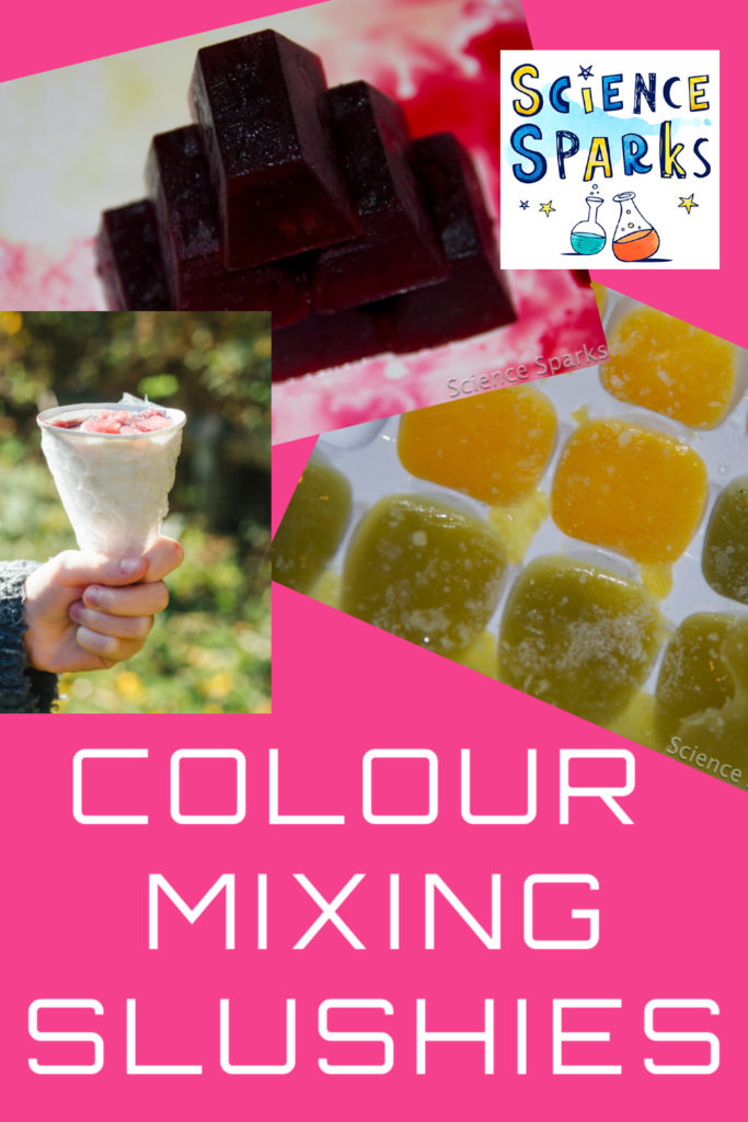 Easy colour mixing ice experiment for kids. Freeze juice into ice cubes and mix different coloured drinks #scienceforkids #icescience #easyscienceforkids