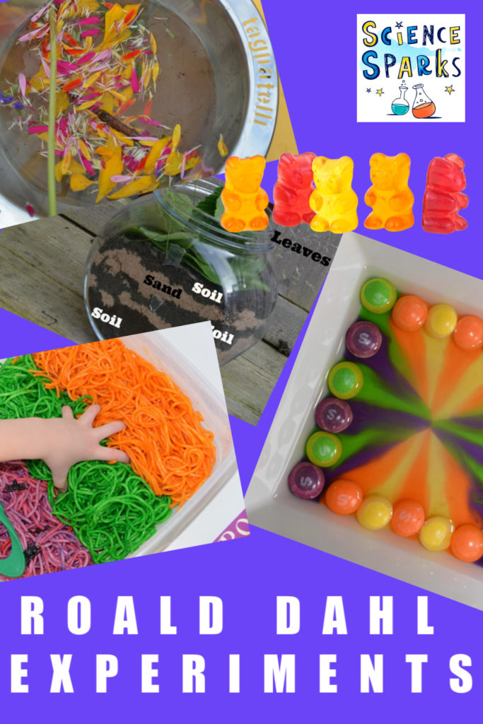 Easy Roald Dahl themed science experiments for kids. Build an upside down house for the Twits. a camouflage for The Enormous Crocodile, Giant Sweet for Willy Wonka and lots more science for kids #RoaldDahl #Scienceforkids #Scienceexperiments