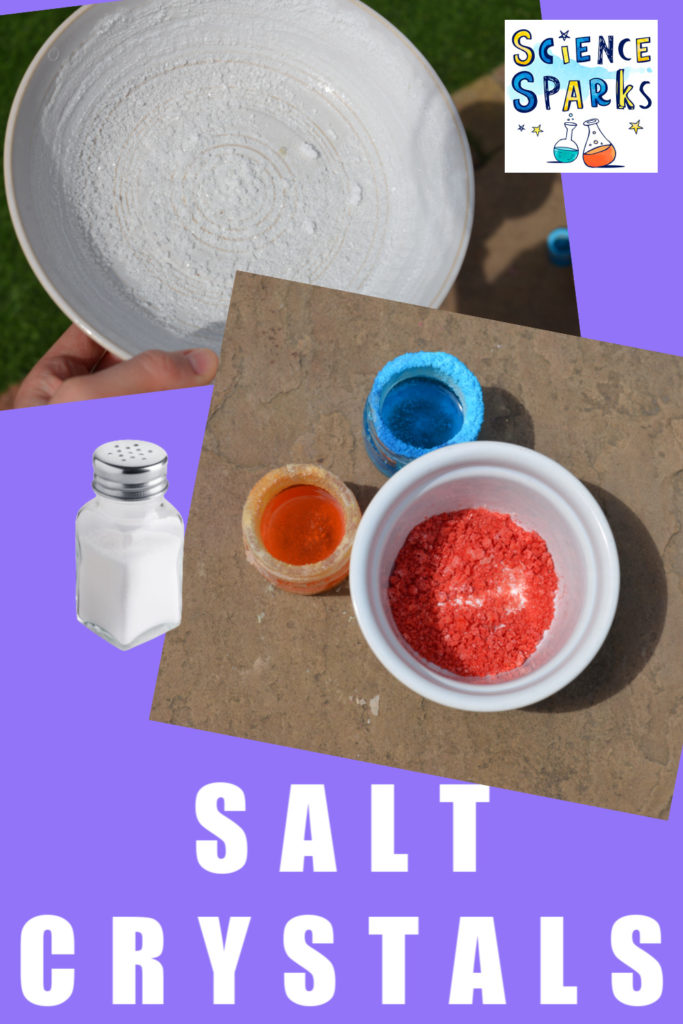 collage of salt crystals, including coloured salt crystals as part of an easy salt science experiment for children #saltexperiments #saltscience #scienceforkids #kitchenscience