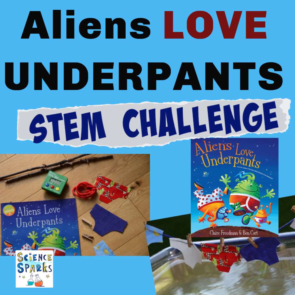 Aliens love Underpants themed science activity using pants made from different materials to test absorbancy