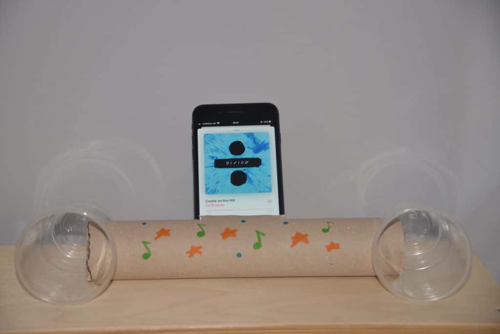 Image of a homemade speaker made using a cardboard tube and two plastic cups