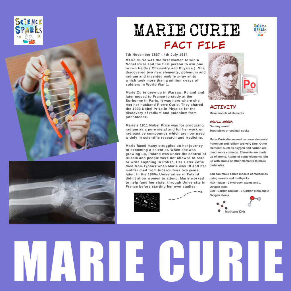Free Marie Curie Fact File and ideas for science activities related to her work #MarieCurie #womenscientists #inspirationalwomen