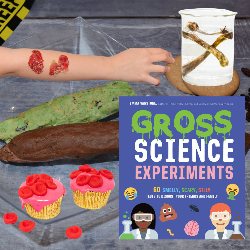 Gross Science book for kids, image shows the book cover, blood cell cupcakes, fake poo and more disgusting science