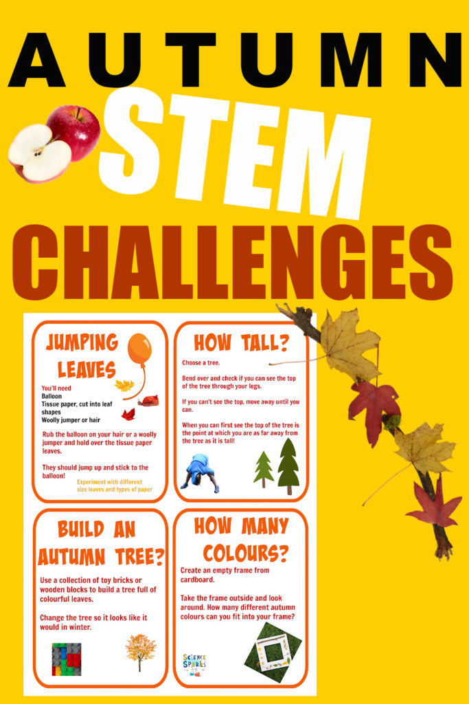 Image of printable autumn STEM challenges for kids. Includes finding out how tall trees are, making leaves jump and more STEM for kids