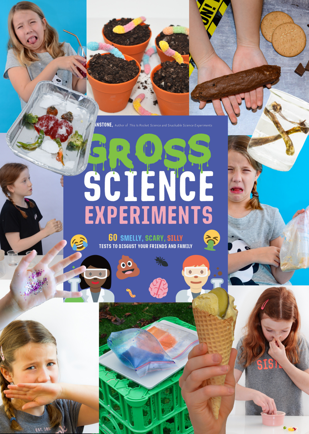Collage of experiments taken from Gross Science - a science book full of gross science for kids. Includes poo made from chocolate, mummified vegetables and bendy bones