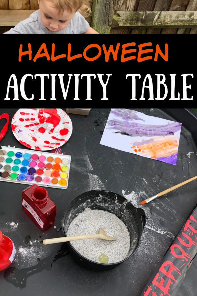 tuff tray with Halloween potions and other activities for kids