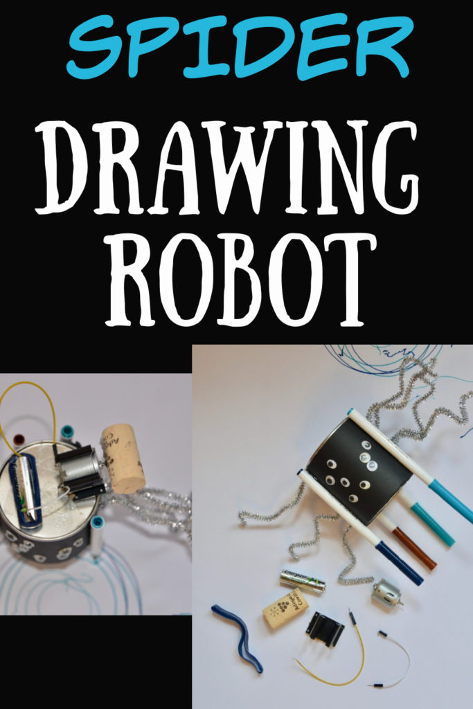 Easy drawing Robot for Halloween - fun electricity activity for kids. Create a circuit with a motor to make a cork spin and the robot draw #Halloween #Spidercrafts #Halloweencrafts #Halloweenactivities 