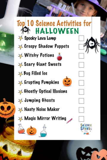 list of the top 10 science experiments for Halloween with checkboxes to tick off