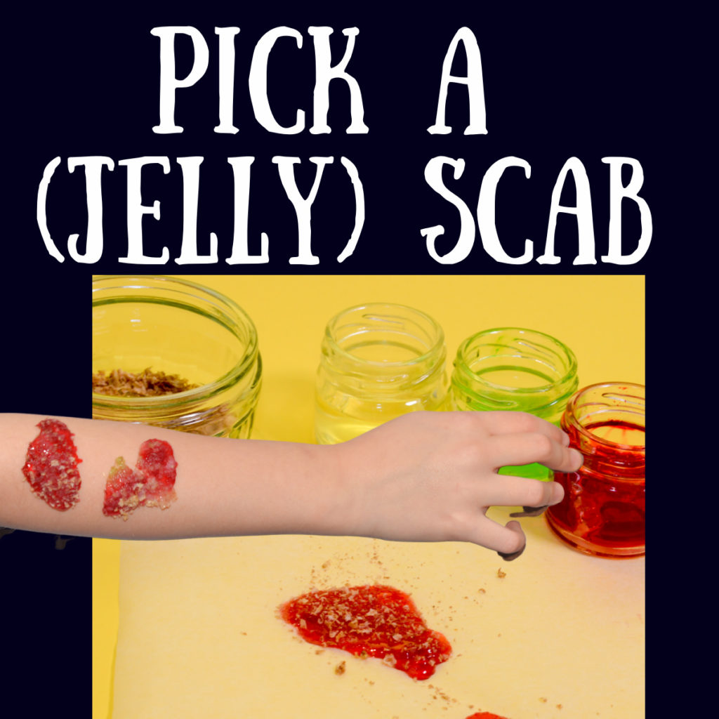 Make a jelly scab - great for a Halloween science experiment - scabs made from jelly and weetabox