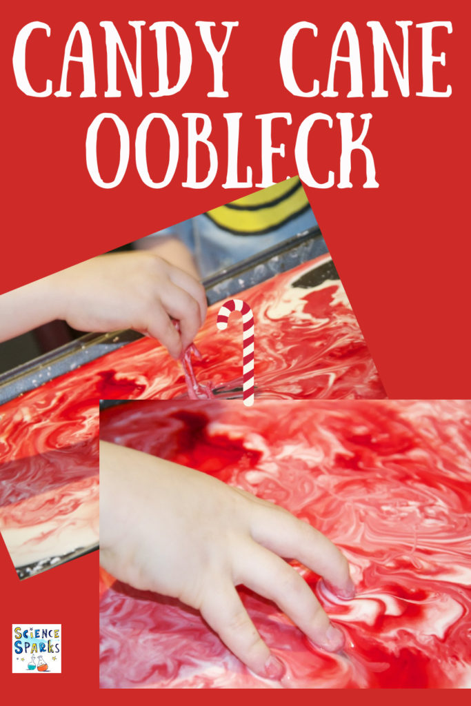 Make beautiful peppermint smelling candy cane oobleck. Squish it, let it run through your fingers or gently swirl it - fun Christmassy,sensory activity for kids. #ChristmasScience #Ooobleck #Christmasoobleck