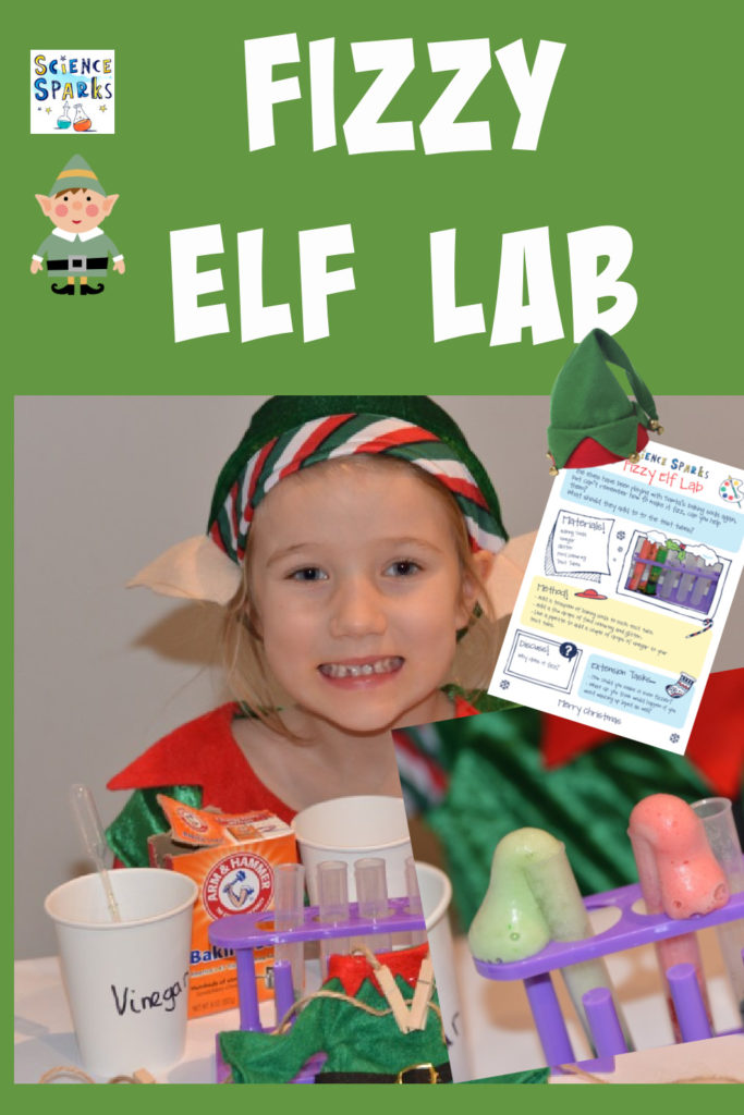 Fun Fizzy Elf Lab - set up an elf lab using baking soda, vinegar and food colouring. Fun Christmas Science Experiment for kids #Elfscience #Elfontheshelf #ChristmasScience #Scienceforkids