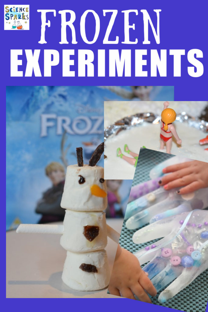 Frozen themed science experiments for kids - make frozen hands, an edible Olaf, pretend snow and more science for kids #Frozen #scienceforkids #Frozenexperiments 