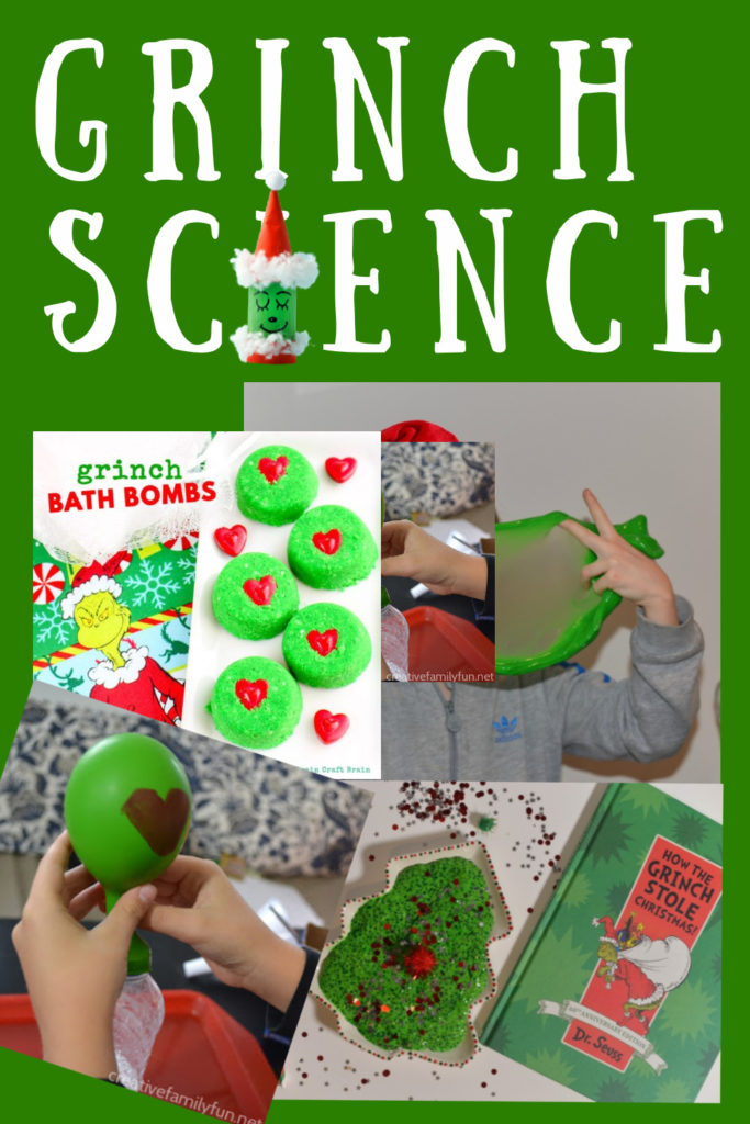 Grinch themed science experiments for kids. Make Grinch slime, Grinch bath bombs and more Grinch activities for kids #ChristmasScienceExperiments #TheGrinch #GrinchScience