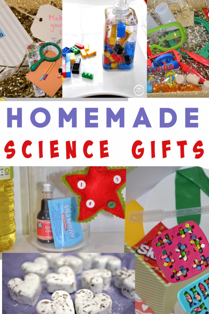 Easy homemade science gifts for kids and adults. Make bath bombs, lego soap, crayons, edible bark and more! #sciencegifts #homemadeChristmas #Homemadegifts