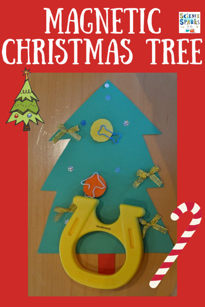 cardboard Christmas tree with baubles with paperclips attached for a Christmas STEM challenge