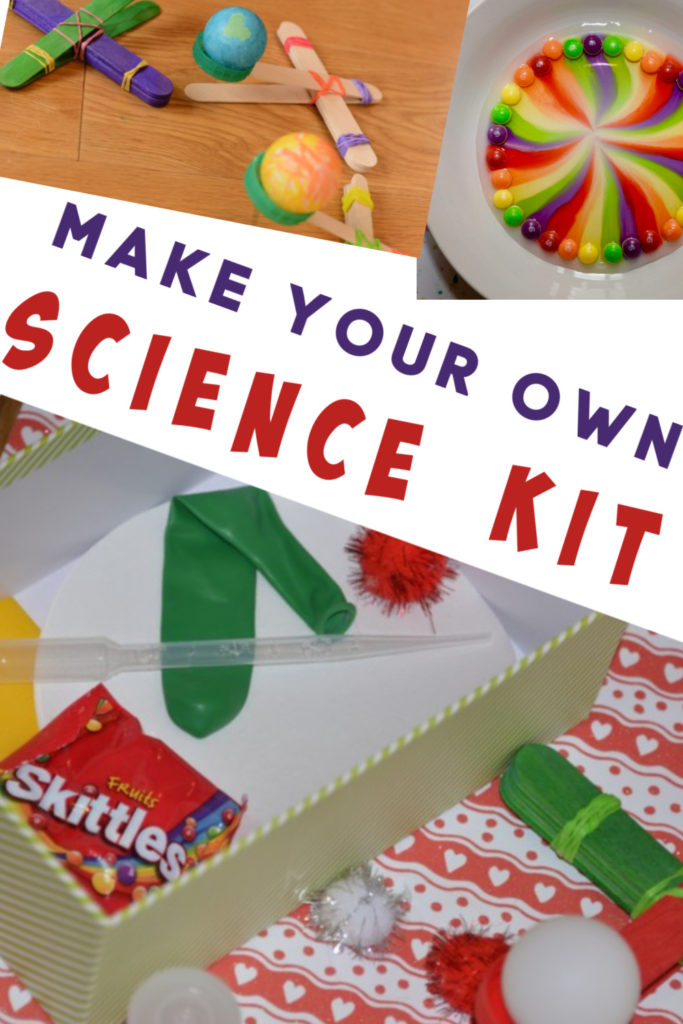 Make your own science kit! Includes colourful skittles, lollystick catapult static electricity and film canister rockets #sciencekit #scienceforkids #homemadesciencekit