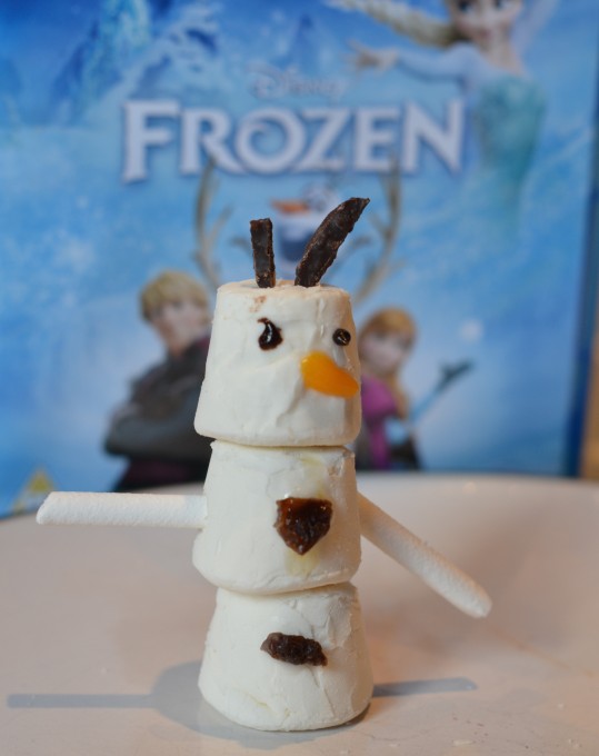 Snowman made from marshmallows, match sticks and icing for a Christmas STEM challenge