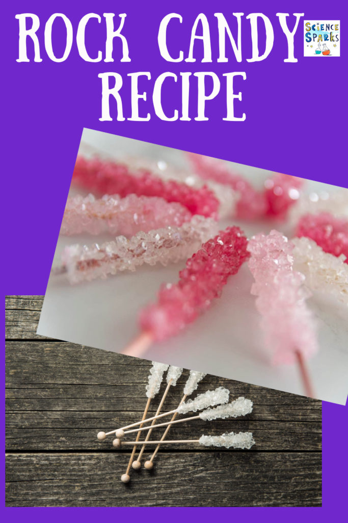 easy rock candy recipe! Make sugar crystals, learn about saturated solutions, solvents and solutes in this easy edible experiment for kids.