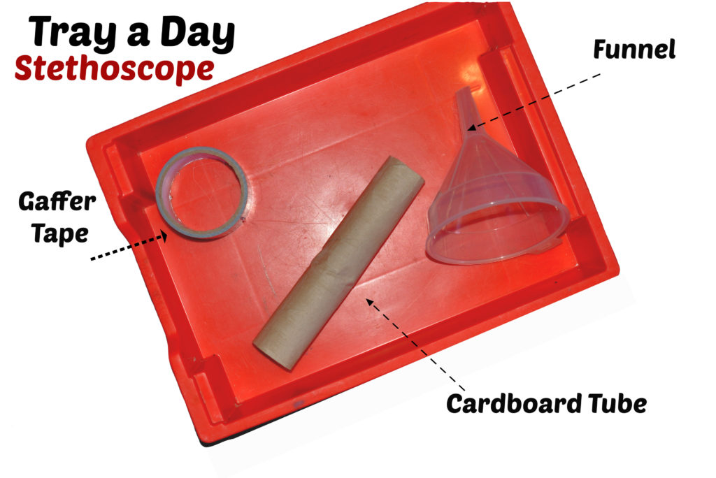 sellotape, cardboard tube and plastic funnel for making a stethoscope.