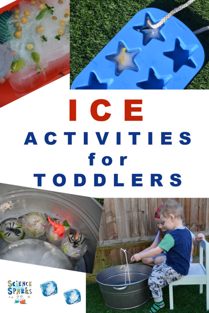 Image showing lots of ice activities for toddlers and preschoolers. Toy fish frozen in ice, ice excavations and more ice experiments for little ones.