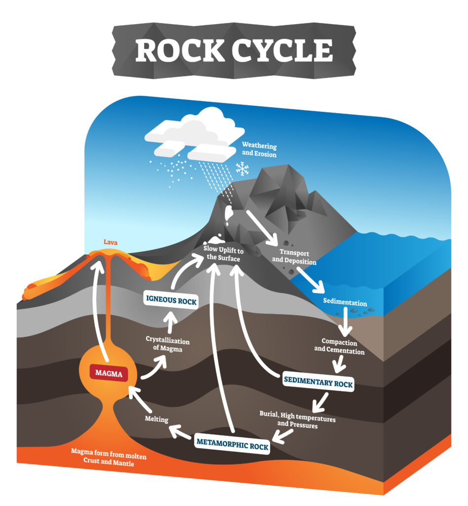 Diagram of the rock cycle - part of a rock lab activity for kids.