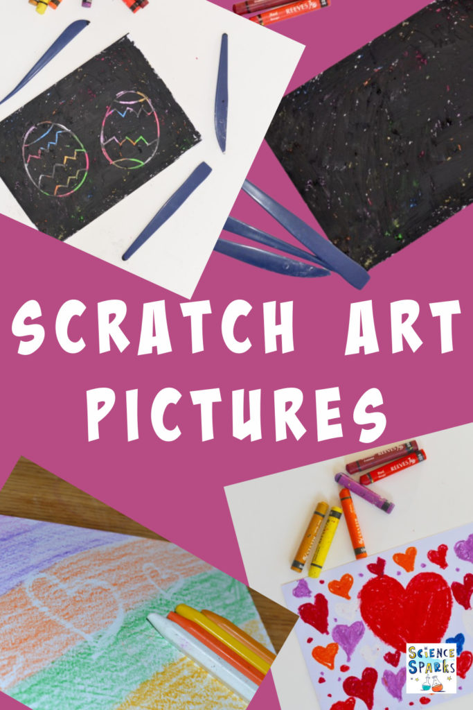 collage image of homemade scratch art pictures made using oil pastels.