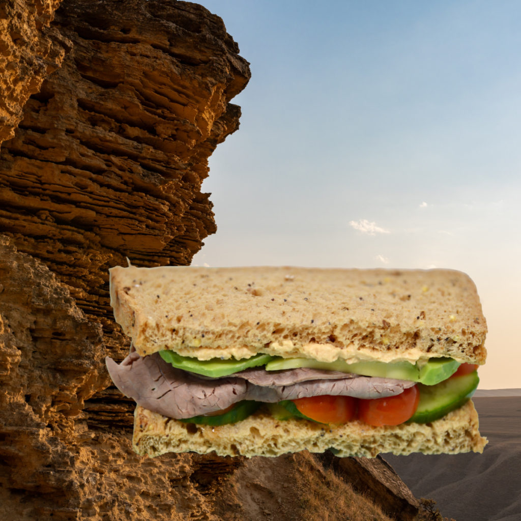 Sedimentary sandwich made to demonstrate how sedimentary rocks form