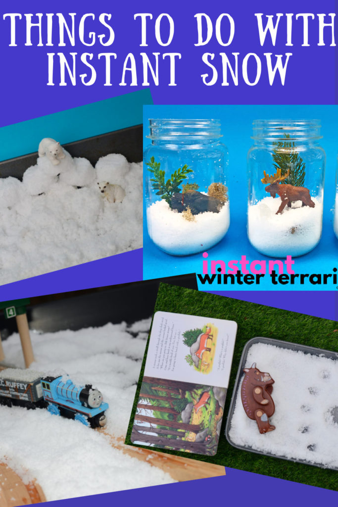 Things to do with instant snow - make a Gruffalo scene, thomas snow scene, terrarium and more instant snow activity ideas