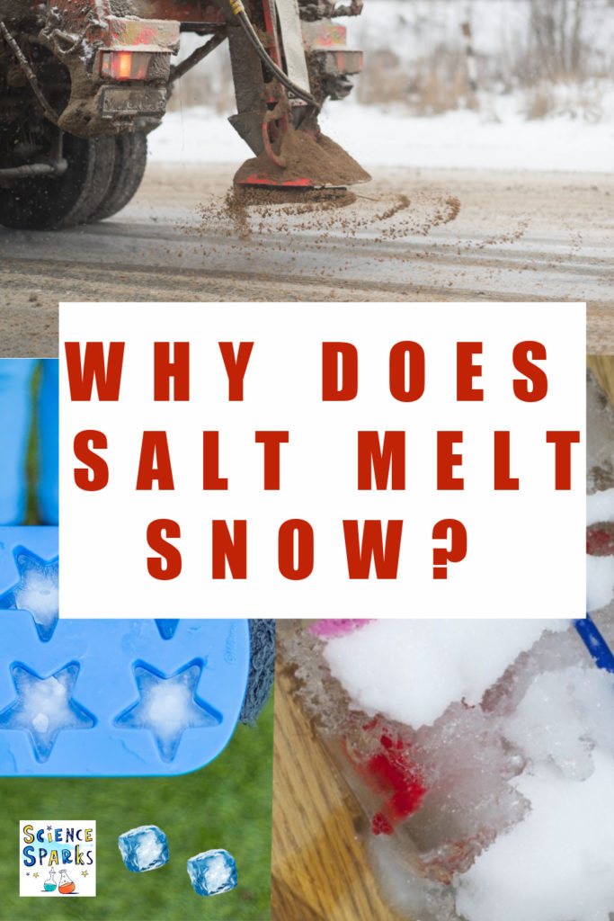 Why does salt melt snow? Image of a grit truck and ice cubes with salt sprinkled on top to melt the ice.