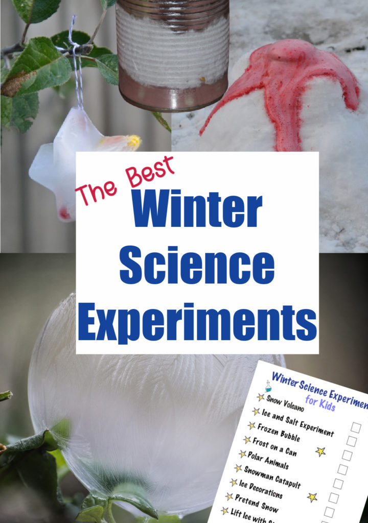 Image shows a collection of winter science activities and experiments for kids. Includes frozen bubble, snow volcano, frost on a can and more winter science for kids