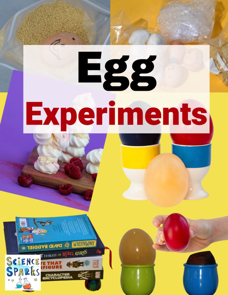 image shows a collage of egg themed science experiments for kids. egg drop, bouncy eggs, coloured eggs, meringue and more kitchen science for kids