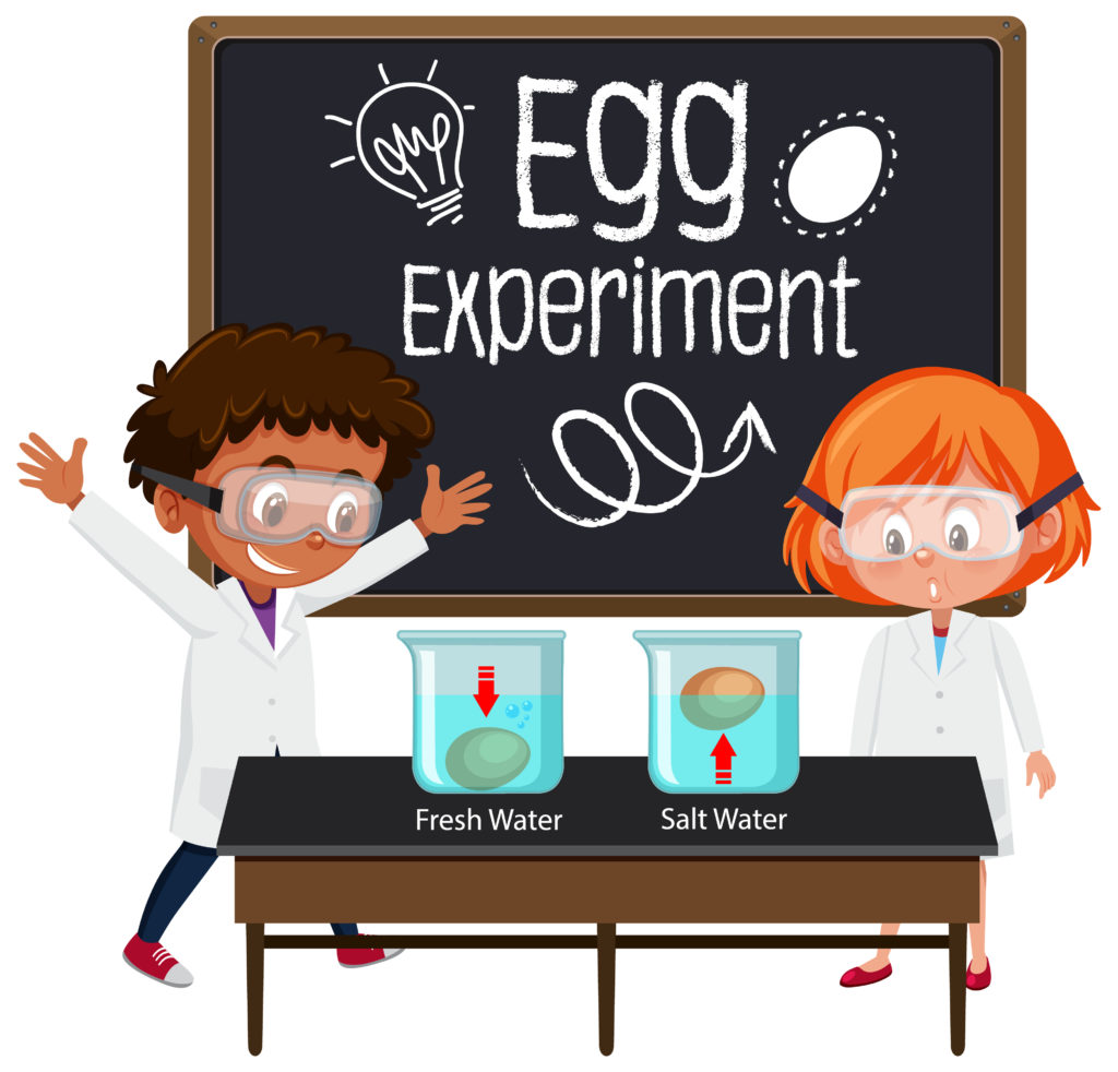 A saltwater density experiment image showing two children with two beakers, one has an egg floating in salty water and one an egg sinking in tap water