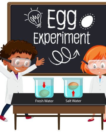 A saltwater density experiment image showing two children with two beakers, one has an egg floating in salty water and one an egg sinking in tap water