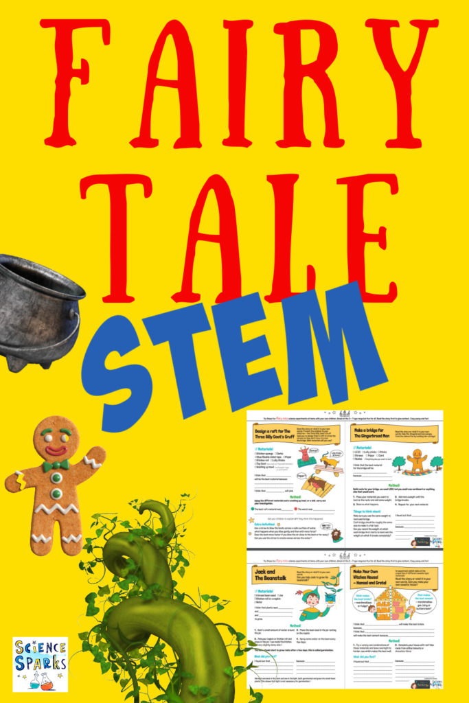 Collage of a free printable containing four fairy tale themed STEM Challenges.