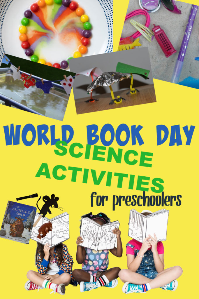 collage image of science activities based in books for preschoolers. Includes Gruffalo, Aliens Love Underpants and The Little Mermaid. Easy world book day science experiments for preschoolers