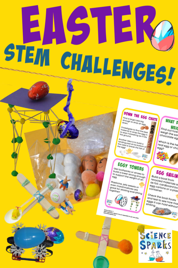 collage of fun Easter STEM challenges including toothpick towers, lolly stick catapults and eggy cars
