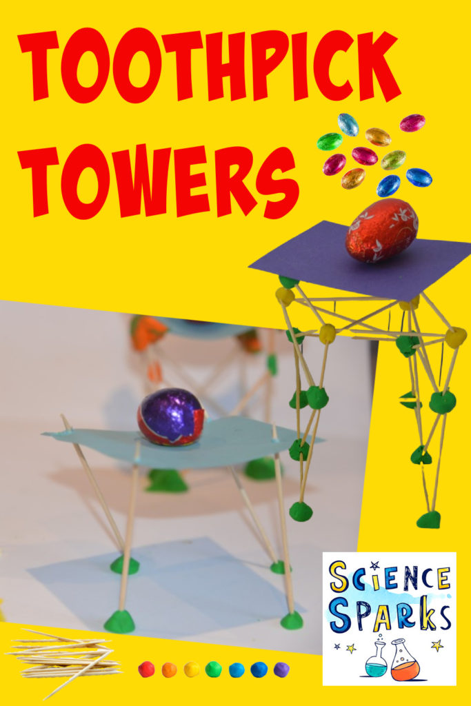 Build towers with toothpicks and plasticine strong enough to support a chocolate egg. Easy Easter STEM Challenge for kids