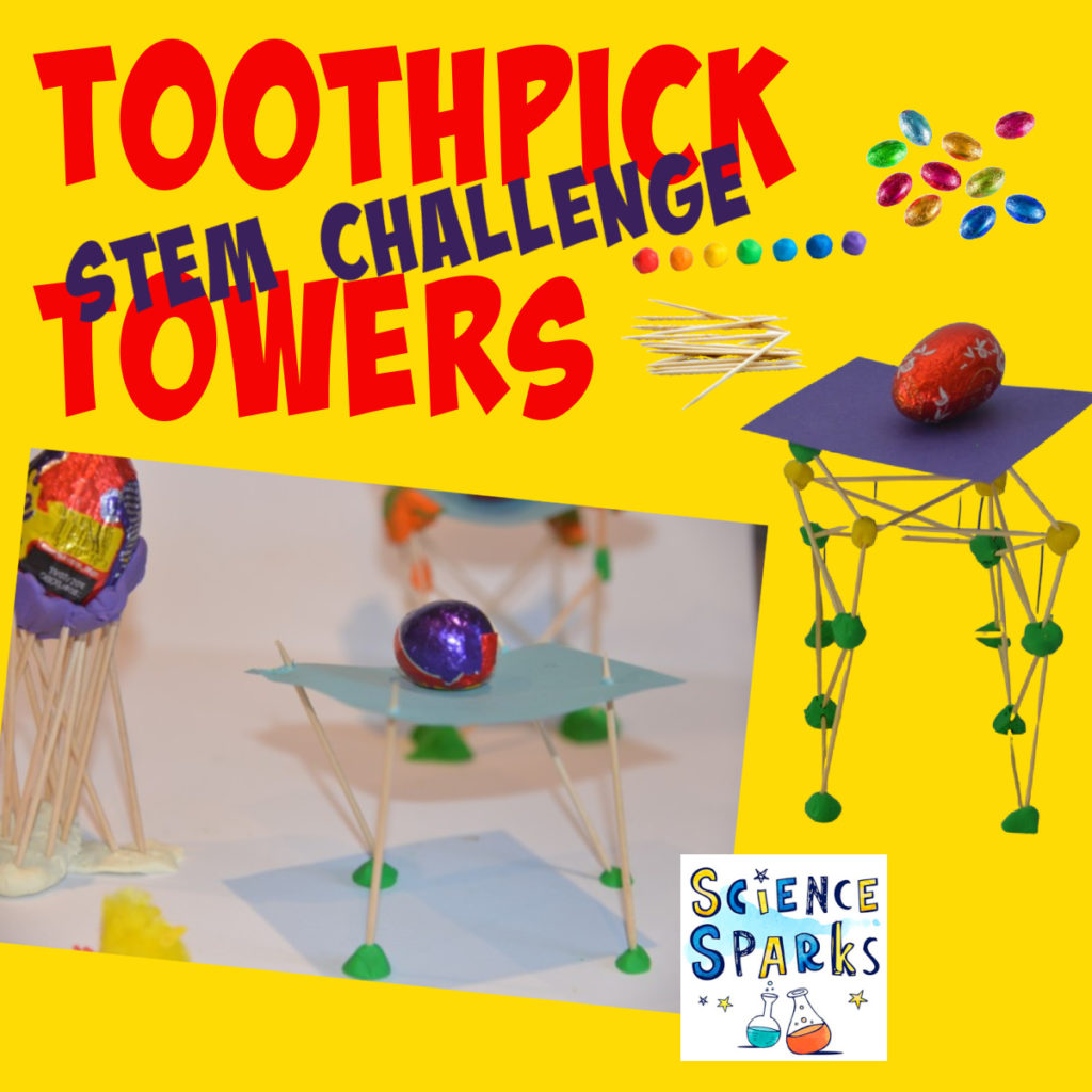 toothpick towers STEM challenge. Image of towers built with toothpicks and plasticine as part of an Easter STEM Challenge.