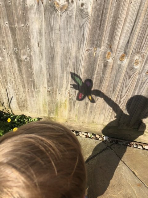 Child holding a butterfly shadow puppet made with cardboard and coloured cellophane. Cute colourful shadow puppet