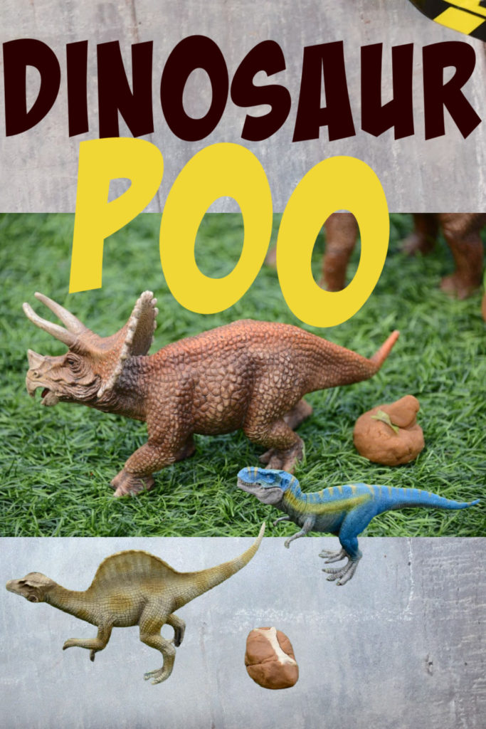 Image of Schleich dinosaurs and play dough poo with either bones or leaves in to show the difference between herbivores and carnivores.