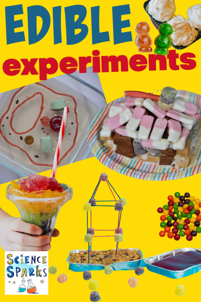 Collage of easy edible experiments for kids. Toothpick candy towers, candy houses, jelly cell models and a homemade fruity slushy drink.